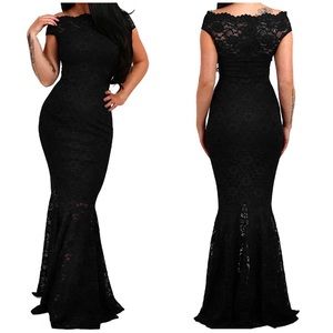 🟢 Off-Shoulder Lace Evening Gown - Mermaid Bottom